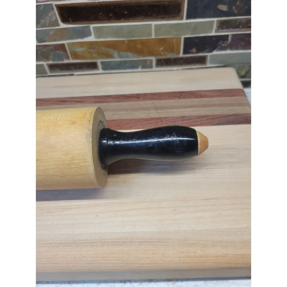 Vintage Wooden Rolling Pin Black Handles Farmhouse Rustic Kitchen Primitive